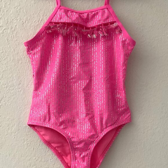 NEW KENSIE GIRL FOIL STRIPE RUFFLE TASSEL ONE PIECE SWIMSUIT - Picture 2 of 9